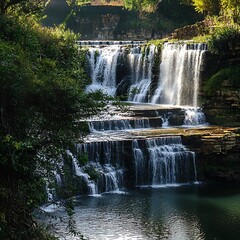 Fototapeta premium Crystal clear waterfall splashing into calm pool high resolution picture