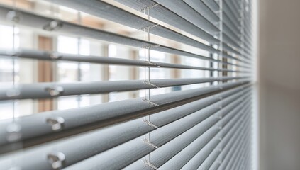 Horizontal silver blinds as window decor, suitable for enhancing light control and privacy