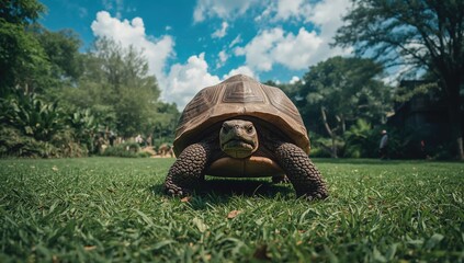 A large turtle walks on its four legs across green grass in daylight, showcasing its natural habitat