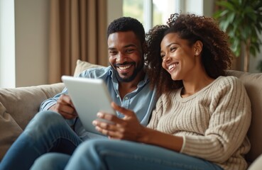 Smiling Black couple shares tablet on sofa. They enjoy watching content together in their cozy living room at home. Woman and man interact with device, relaxed and happy.