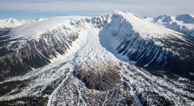 Aerial view of a massive snow-covered mountain landscape with a prominent avalanche path in a deep valley.