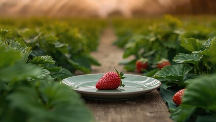Freshly harvested strawberries on green leaves in a farmer's field, showcasing seasonal abundance