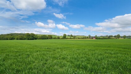 Vector illustration of a landscape featuring a green meadow, rolling hills, and a cloudy blue sky, ideal backdrop for organic farming