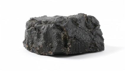 Isolated basalt rock sample on a plain white backdrop. Basalt is an extrusive igneous rock of mafic composition.