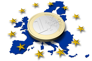 Png; Trasparente. Europa. Moneta da un Euro con stelle e mappa europa sullo sfondo..