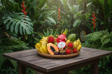 Tropical exotic fruits assortment on a rustic table in lush jungle setting