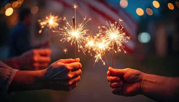 People hold sparklers and celebrate Independence Day. Hands with burning sparklers light up the night. American flag waves in background, blurry bokeh lights.
