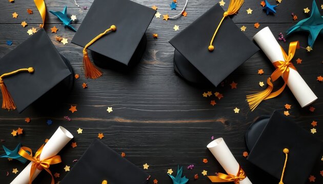 Graduation caps and diplomas arranged on dark wood table with colorful confetti. Academic achievement symbols celebrate university college high school student success and ceremony milestone event.