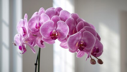 Pink phalaenopsis orchid flower blooms indoors, showcasing beauty and elegance