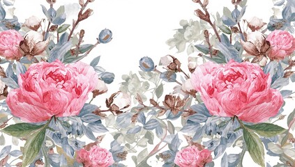 Watercolor artwork featuring pink peonies, eucalyptus, and cotton branches on a white backdrop, ideal for textile design,