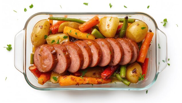 Traditional Czech sausage served in a glass alongside vegetables, protein-rich meal