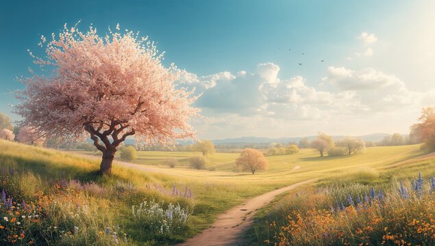 The vibrant flower and meadow in a springtime setting, showcasing seasonal change