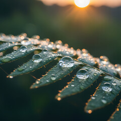 Sunlit Dewdrops on Fern Leaf: A close-up captures the beauty of nature, showcasing glistening dewdrops clinging delicately to the textured surface of a fern leaf.