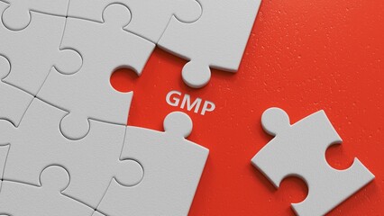 GMP - text on puzzle pieces with missing pieces.3D rendering.