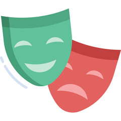 Teal Green and Red Theater Masks Representing Comedy and Tragedy Against White Background With Subtle Motion Blur Effects