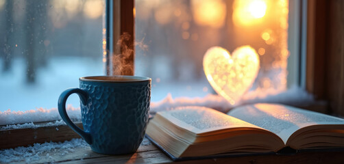 Blue steaming mug sits beside open book on snowy windowsill. Golden heart light glows outside window on winter day. Cozy indoor scene offers comfort and warmth, perfect for reading.