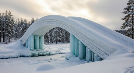 A stunning natural ice arch bridge covered in snow, with icicles hanging down, set against a backdrop of snow-covered trees and a cloudy sky.