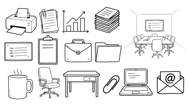 Hand Drawn Office Icon Set - Business and Workplace Doodle Sketch Vector Collection