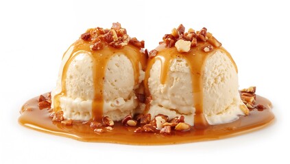 Scoops of ice cream topped with caramel sauce and nuts, indulgent treat option