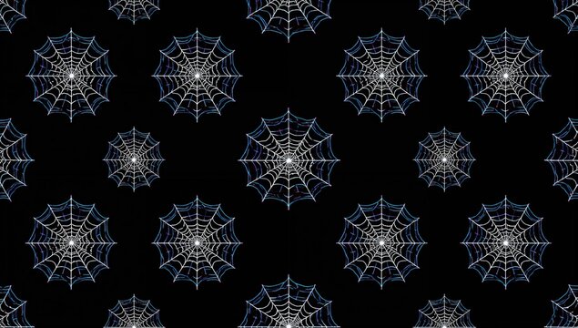 Seamless 2D Pattern Featuring White Spider Webs on a Black Backdrop, Ideal for Spooky Holiday Decor