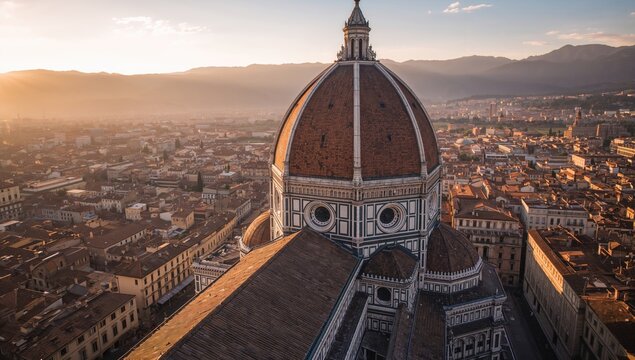 Santa Maria Del Fiore dome at sunset, showcasing architectural beauty, preservation