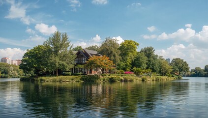 Obraz premium Lakeside property adjacent to Asian Art Park, natural scenery showcasing summer travel, seasonal change