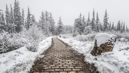A winter landscape featuring a cobblestone path winding through tall, snow-covered trees, showcasing seasonal tranquility