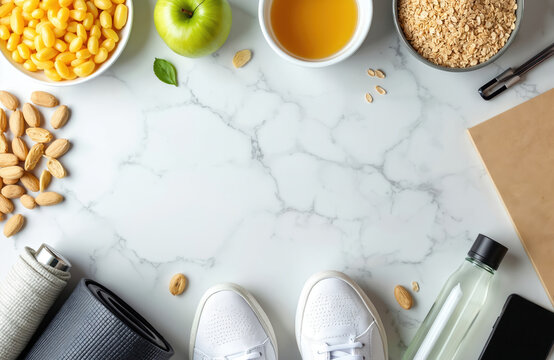 White marble surface displays healthy food, fitness items. Fresh fruit grains oats almonds water bottle smart watch represent wellness lifestyle. Ideal for nutrition blogs health campaigns diet plans.