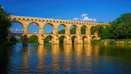 Pont du Gard, an ancient Roman aqueduct made of stone, showcasing architectural significance, preservation