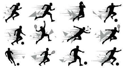 Collection of black silhouettes of athletes engaged in various sports activities like running, soccer, and racket sports, with dynamic motion effects.