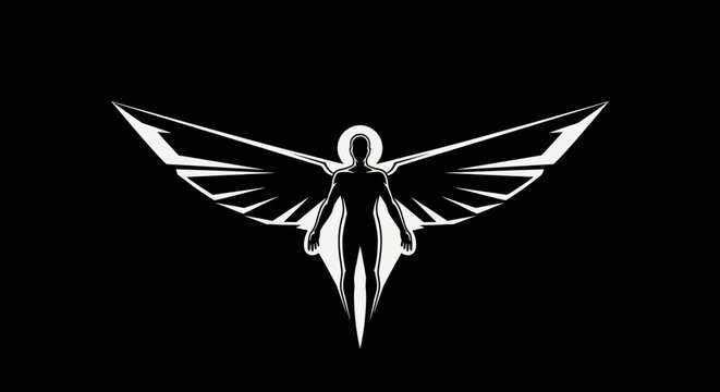 Stylized angel figure with wings on a black background.
