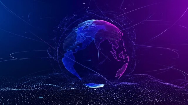 A digital globe displays the world with dotted and solid lines against a gradient blue and purple backdrop