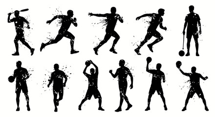 A collection of dynamic male athlete silhouettes with a grunge splatter effect representing various sports.