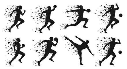 Silhouettes of athletes in various sports activities with particle effects.