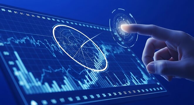 Data analyst using advanced technology accessing dashboard with financial graph charts on digital screen to analyze and predict future trends