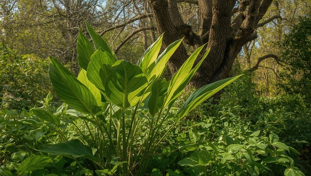 Image of green talas in a garden, showcasing vibrant foliage, seasonal growth