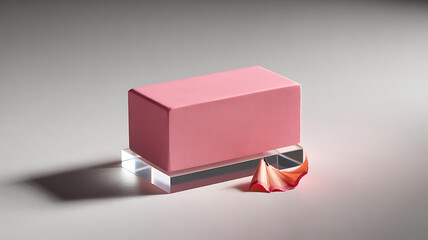 Elegant pink eraser and vibrant pencil shavings creatively arranged on a modern acrylic stand, perfect for design and stationery concepts.