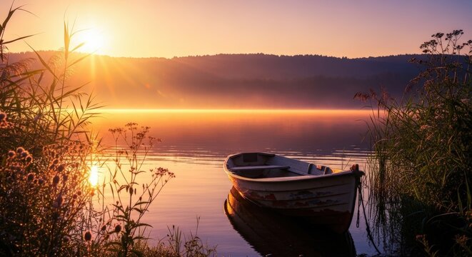 A serene sunrise over a misty lake with a small boat docked by the shore. - Powered by Adobe