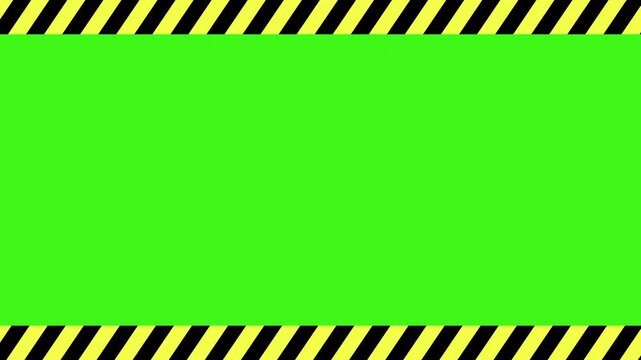 Caution warning border frame with green screen chroma key background. Hazard border animation overlay. 4k animation video