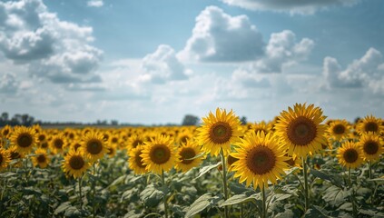 Obraz premium Beautiful sunflower field during summer, seasonal change