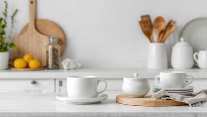 Set of dishes and kitchen utensils background, home kitchen decor theme, ideal for culinary content