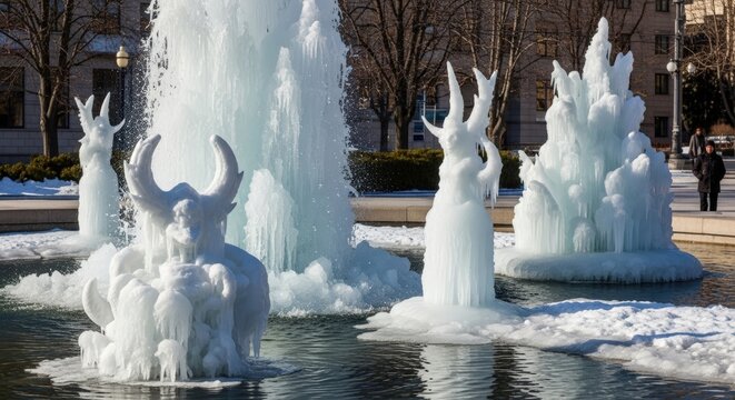 A frozen fountain with ice sculptures of mythical creatures and a bull in winter. - Powered by Adobe