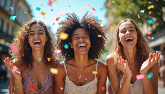 Three happy young women laugh outdoors as colorful confetti falls around them. Friends celebrate a fun event together on a sunny day. People enjoy a festive party with smiles and joy. - Powered by Adobe