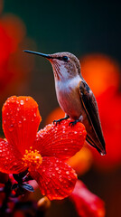 Fototapeta premium Hummingbird flower red droplets nature wildlife bird colorful vibrant green blurred background close-up wildflower nectar bird perching wild bird nature photography