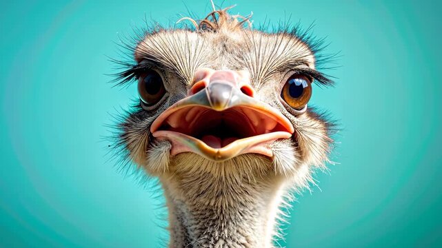 Close up of a funny ostrich face with its mouth open.