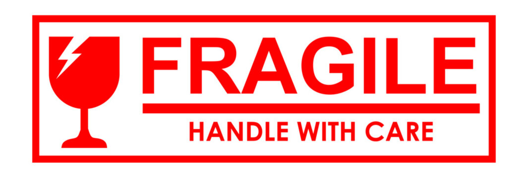 sticker fragile handle with care, red fragile warning label, fragile label with broken glass symbol