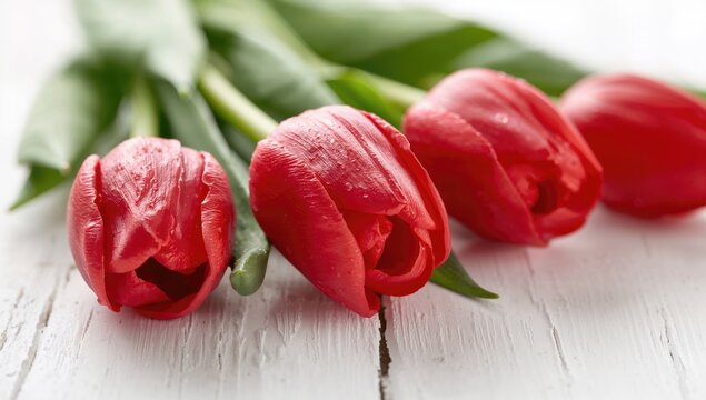 Red tulips arranged on a white wooden surface, a vibrant representation of spring blooms
