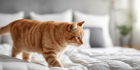 Naklejka premium Soft orange tabby cat walking calmly on a white bed in a bright, cozy room