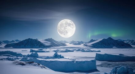 A full moon illuminates a frozen arctic landscape with icebergs and mountains under the aurora borealis.