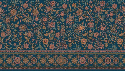 Mughal floral border pattern featuring intricate digital flower and leaf designs, suitable for textile applications